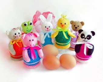 114 Knitting Pattern - Eggs Cozy 7 animals: Panda Rabbit Chicken Frog Bear Cat Pig - Amigurumi - by Zabelina Etsy