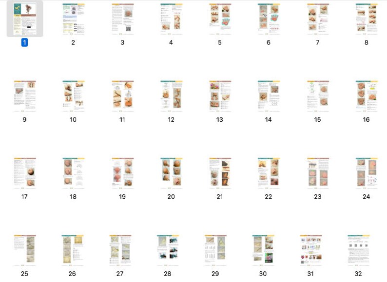 Puede incluir: Un conjunto de 32 p&aacute;ginas con im&aacute;genes y texto, numeradas del 1 al 32. Las p&aacute;ginas est&aacute;n organizadas en formato de cuadr&iacute;cula, con cuatro filas y ocho columnas. Cada p&aacute;gina contiene una imagen y un texto diferentes.