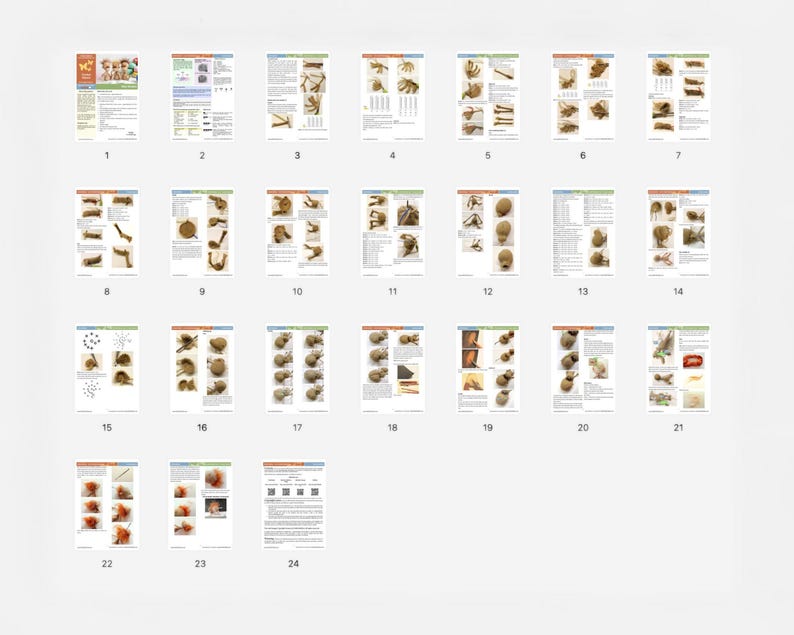 May include: A set of 24 pages with detailed instructions and diagrams for crocheting a variety of amigurumi animals. The pages are printed on white paper with black text and illustrations.