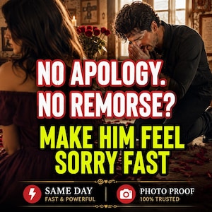 Peut inclure: Un graphique numérique montrant une personne en robe sombre et une autre agenouillée en chemise sombre avec le texte : NO APOLOGY. NO REMORSE? MAKE HIM FEEL SORRY FAST. En bas, des icônes pour service le jour même et preuve photo.