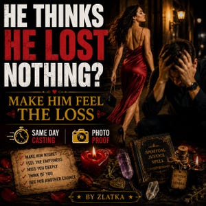 Puede incluir: Un gráfico promocional con el texto HE THINKS HE LOST NOTHING? MAKE HIM FEEL THE LOSS. Incluye un vestido de satén rojo, un libro titulado SPIRITUAL JUSTICE SPELL, una botella etiquetada RETURN TO SENDER, cristales y una vela en forma de corazón.