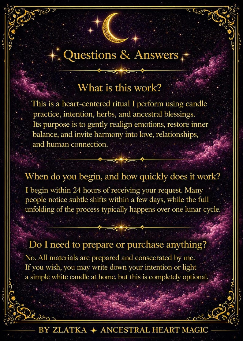 Puede incluir: Un gr&aacute;fico informativo de color morado oscuro y negro con un borde de luna creciente y estrellas. El texto dice: Questions & Answers, What is this work?, When do you begin, and how quickly does it work?, Do I need to prepare or purchase anything?, BY ZLATKA ANCESTRAL HEART MAGIC.