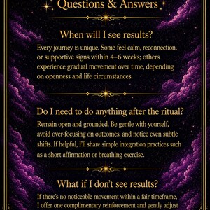 Puede incluir: Un gr&aacute;fico informativo de color morado oscuro y negro con bordes de filigrana dorada y una luna creciente. El texto dice: Questions & Answers, When will I see results?, Do I need to do anything after the ritual?, What if I don't see results?, By Zlatka Ancestral Heart Magic.