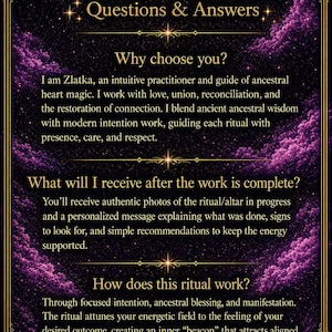 Puede incluir: Un gr&aacute;fico informativo rectangular con un fondo c&oacute;smico de color morado oscuro y negro que presenta nubes y estrellas. El texto incluye Questions & Answers, Why choose you, What will I receive after the work is complete y How does this ritual work.