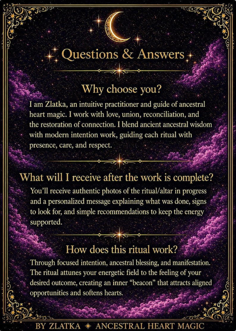 Puede incluir: Un gr&aacute;fico informativo rectangular con un fondo c&oacute;smico de color morado oscuro y negro que presenta nubes y estrellas. El texto incluye Questions & Answers, Why choose you, What will I receive after the work is complete y How does this ritual work.