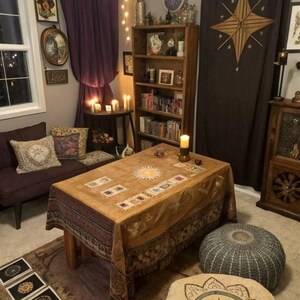 Puede incluir: Una habitaci&oacute;n con una mesa rectangular cubierta por un mantel dorado con patrones, rodeada por un sof&aacute; morado con cojines decorativos, una estanter&iacute;a de madera, una cortina oscura con una estrella grande, dos cojines de suelo y cuadros.