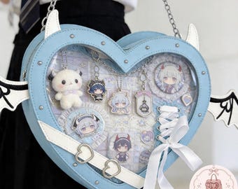 Heart Ita Bag with Angel Wing Detail, Blue Kawaii Display Purse for Pins and Charms