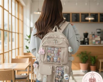 Mochila Ita beige para un estilo Kawaii suave, bolso minimalista para exhibir pines de anime.