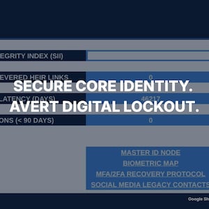May include: A digital interface dashboard with blue and gray tones displaying system metrics including System Integrity Index, Severed Heir Links, Max Audit Latency, and ID Expirations. Text reads: SECURE CORE IDENTITY. AVERT DIGITAL LOCKOUT.