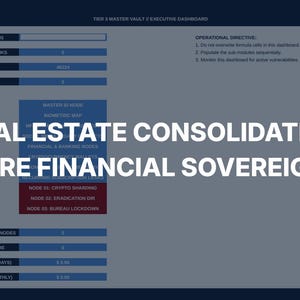 May include: A digital dashboard titled Tier 3 Master Vault Executive Dashboard with blue and grey sections. Text reads: TOTAL ESTATE CONSOLIDATION. SECURE FINANCIAL SOVEREIGNTY. It includes fields for system integrity, audit latency, and various nodes.