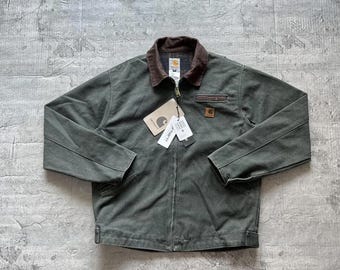 Giacca Carhartt Detroit vintage rielaborata: abbigliamento da lavoro riciclato color verde muschio