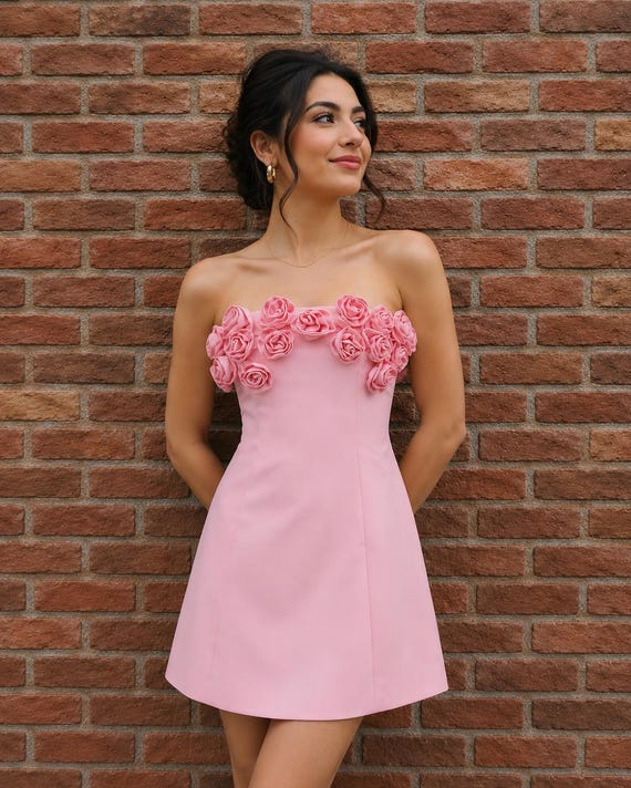 pink floral bridal shower dress Strapless Mini Dress, 3D Rose Applique Dress, Corset Lace Up Back Dress, Romantic Party Dress, V neck Select Size:XL YGroup_laurenza-sheer-lace-maxi-dress Black dress and gloves Silk organza Material
