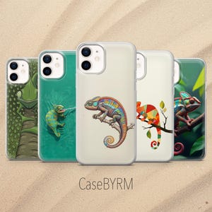 May include: Five clear smartphone cases featuring various chameleon illustrations, including a green patterned design, a chameleon with a long tongue, a colourful detailed chameleon, a geometric style chameleon, and a realistic chameleon on a branch. CaseBYRM.