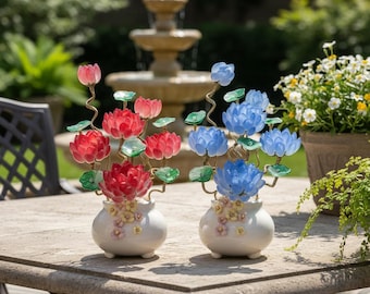 Bonsái de loto de cristal azul hecho a mano, escultura floral de cristal artístico, un regalo para mamá.