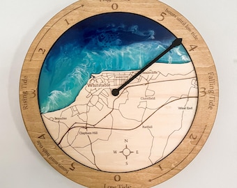 Custom Wooden Tide Clock with Resin Ocean and Engraved Coastline Map