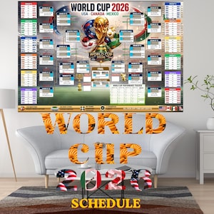 May include: A World Cup 2026 tournament wall poster featuring a central gold trophy graphic, a detailed match schedule, group stage listings for 48 teams, and host country flags for the USA, Canada, and Mexico against a stadium background.