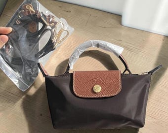 Longchamp Mini Brown Crossbody Bag, Luxury Leather Shoulder Purse, Detachable Strap Handbag, Chic Everyday Mini Tote Gift for Women