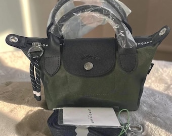 Longchamp Le Pliage Energy XS Green Crossbody Bag, Mini Shoulder Handbag with Detachable Strap, Lightweight Designer Purse