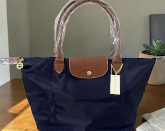 Longchamp grote marineblauwe nylon draagtas, opvouwbare schoudertas met leren bekleding, lichtgewicht alledaagse reistas cadeau voor vrouwen