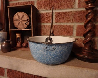 Old Blue and White Speckled Graniteware Pot