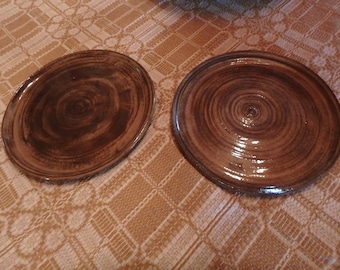 Vintage Pair Handmade Brown Pottery Plates 10"