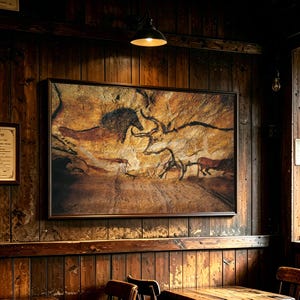 May include: A rectangular framed wall art piece featuring a prehistoric cave painting reproduction. The artwork displays ochre, brown, and black pigments depicting a large bull, a horse, and a deer against a textured, rocky cave wall background.