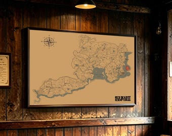 Kaart van de videogame Red Dead Redemption 2, brede muurdecoratie, housewarmingcadeau, moderne muurdecoratie, slaapkamerdecoratie