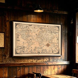 May include: A large rectangular framed wall map titled World Wonders A Pictorial Map, featuring detailed black and white illustrations of global landmarks, a central compass rose with red accents, and a beige parchment-style background.