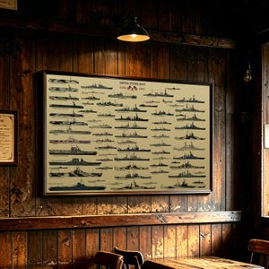 May include: A framed horizontal poster on a wood-panelled wall featuring a tan background with numerous black and white illustrations of United States Navy ships from 1939 to 1945, including the text UNITED STATES NAVY 1939-1945 and two small US flags.