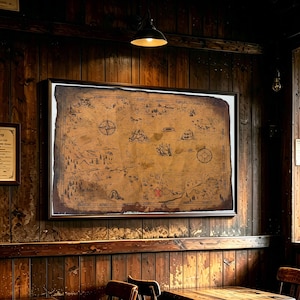 May include: A rectangular wall art print featuring a vintage-style treasure map with sepia-toned parchment paper, hand-drawn illustrations of mountains, forests, ships, and a compass rose, all enclosed within a simple dark frame.