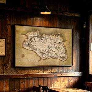 May include: A rectangular wall art print featuring a detailed, aged-parchment style map of the Province of Skyrim. The map displays geographical terrain, mountain ranges, and various regional labels, with the text Province of Skyrim clearly visible.