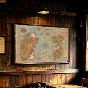 May include: A rectangular framed wall map of Azeroth featuring a vintage parchment aesthetic with detailed landmasses, a central swirling vortex, compass rose, and text labels including Kalimdor and Eastern Kingdoms printed on the surface.
