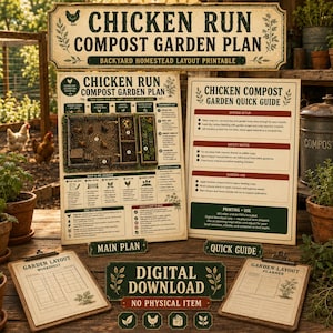 Könnte beinhalten: Ein digitales Download-Set mit einem Hühnerstall-Kompostgartenplan, einem Kurzanleitung, einem Gartenarbeitsblatt und einem Gartenlayout-Planer. Die Dokumente sind auf cremefarbenem Papier mit dunkelgrünem Text und Illustrationen gedruckt.
