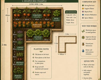 L-Shaped Raised Bed Plan | Companion Planting Layout | Corner Garden Printable