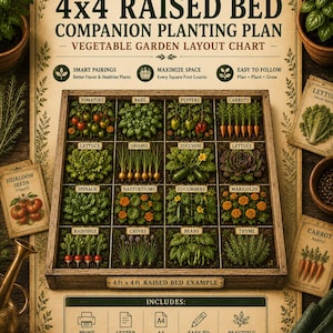 Könnte beinhalten: Ein 4x4 Hochbeet-Pflanzplan für einen Gemüsegarten. Die Übersicht zeigt ein Raster mit verschiedenen Gemüsesorten und Blumen wie Tomaten, Basilikum, Paprika, Karotten, Salat, Zwiebeln, Zucchini, Spinat, Kapuzinerkresse, Gurken, Ringelblumen, Radieschen, Schnittlauch, Bohnen und Thymian. Mit Textbeschriftungen und Drucksymbolen.