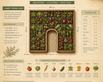U-Shaped Keyhole Bed Plan | Ergonomic Companion Planting Layout | Garden Printable PDF Letter + A4