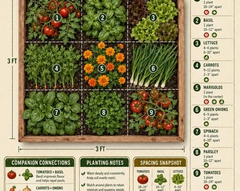 3x3 Raised Bed Companion Planting Plan Printable | Small Space Garden Layout Chart PDF Download