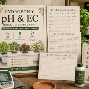 May include: A hydroponic pH and EC quick reference chart set including a crop range chart, diagnosis guide, and test log tracker. The printed materials feature botanical illustrations, data tables, and text, accompanied by a digital pH meter.