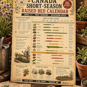 Könnte beinhalten: Ein rechteckiges Poster mit dem Titel Canada Short-Season Raised Bed Calendar, das einen Pflanzkalender für die Zonen 3-6 zeigt. Die Tabelle enthält Abschnitte für kühle und warme Kulturen, Frostperioden, Pflanztipps und Erntehinweise.