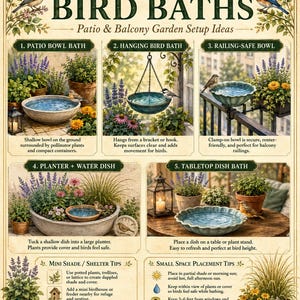 May include: An informational poster titled SMALL SPACE BIRD BATHS featuring five illustrated examples of bird bath setups including patio bowls, hanging baths, railing-safe bowls, planter water dishes, and tabletop dishes with placement tips.
