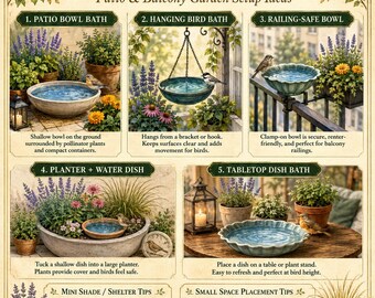 Small Space Bird Bath Ideas Printable | Patio Balcony Garden Setup PDF Download