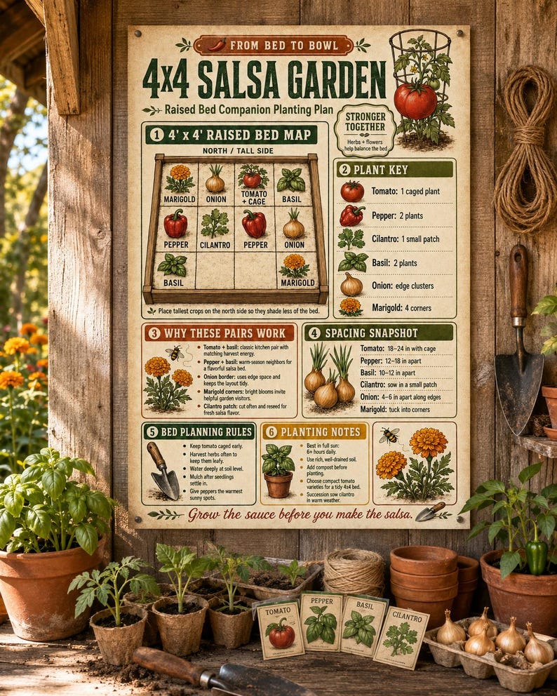 4x4 Salsa Garden Plan | Raised Bed Companion Planting Layout (digital ...