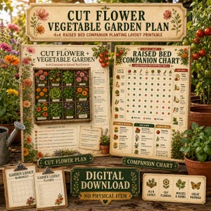 Könnte beinhalten: Eine Sammlung gedruckter Gartenplanungsunterlagen, bestehend aus einem großen Schild, zwei Informationstafeln, zwei Klemmbrettern und einem Etikett für digitale Downloads. Die Tafeln zeigen einen 4x4 Hochbeet-Pflanzplan und Begleitpflanztabellen.