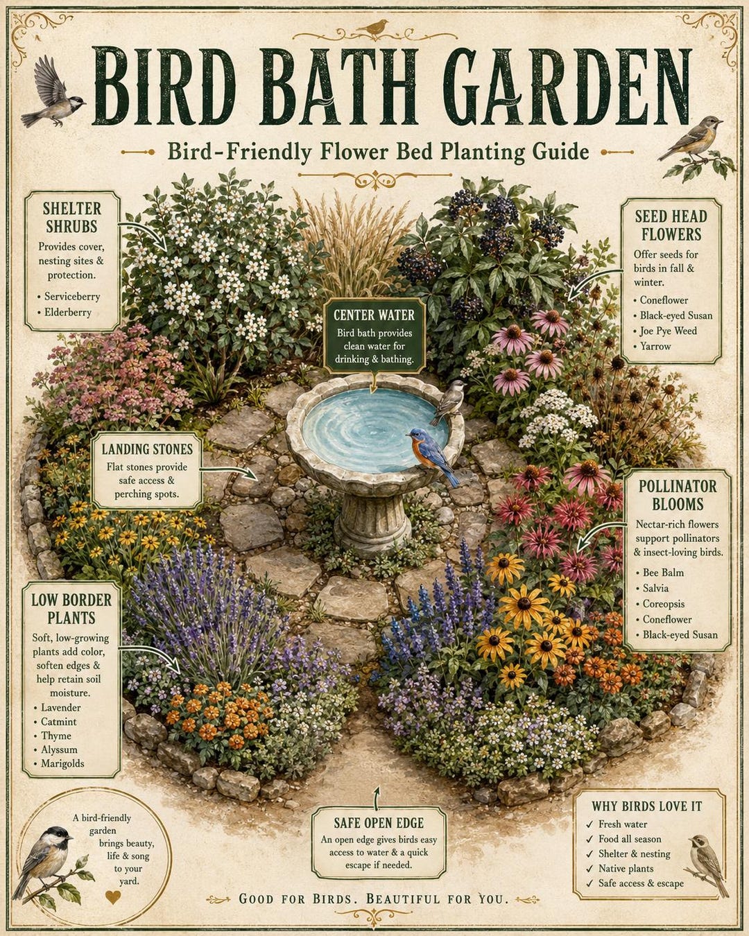 Flower Planting Guide.pdf Bird Bath Garden Planting Guide PDF Letter + A4 | Bird-friendly Flower ...