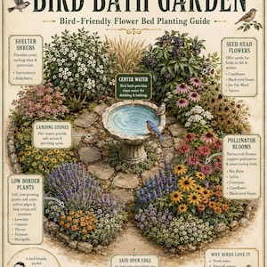 Op de afbeelding: Een Bird Bath Garden aanplantgids poster met een centrale stenen vogelbad omringd door diverse struiken, bloemen en stapstenen. De illustratie bevat tekstlabels voor plantensoorten, vogelvriendelijke kenmerken en onderhoudstips.