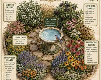 Bird Bath Garden Planting Guide PDF Letter + A4 | Bird-Friendly Flower Bed Layout