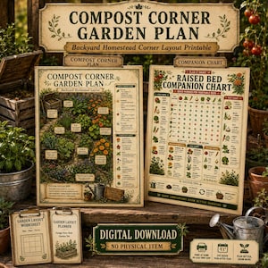 Könnte beinhalten: Ein Set aus druckbaren Gartenplanungsunterlagen, bestehend aus einem Gartenplan, einer Pflanzentabelle für Hochbeete, einem Arbeitsblatt und einem Planer. Die Dokumente enthalten Illustrationen von Gemüse, Blumen und beschrifteten Texten.