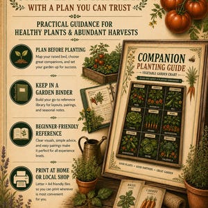 May include: A vintage-style informational poster titled GARDEN SMARTER with a COMPANION PLANTING GUIDE chart. It features illustrations of tomatoes, herbs, and vegetables, alongside text instructions for garden planning, binders, and printing.