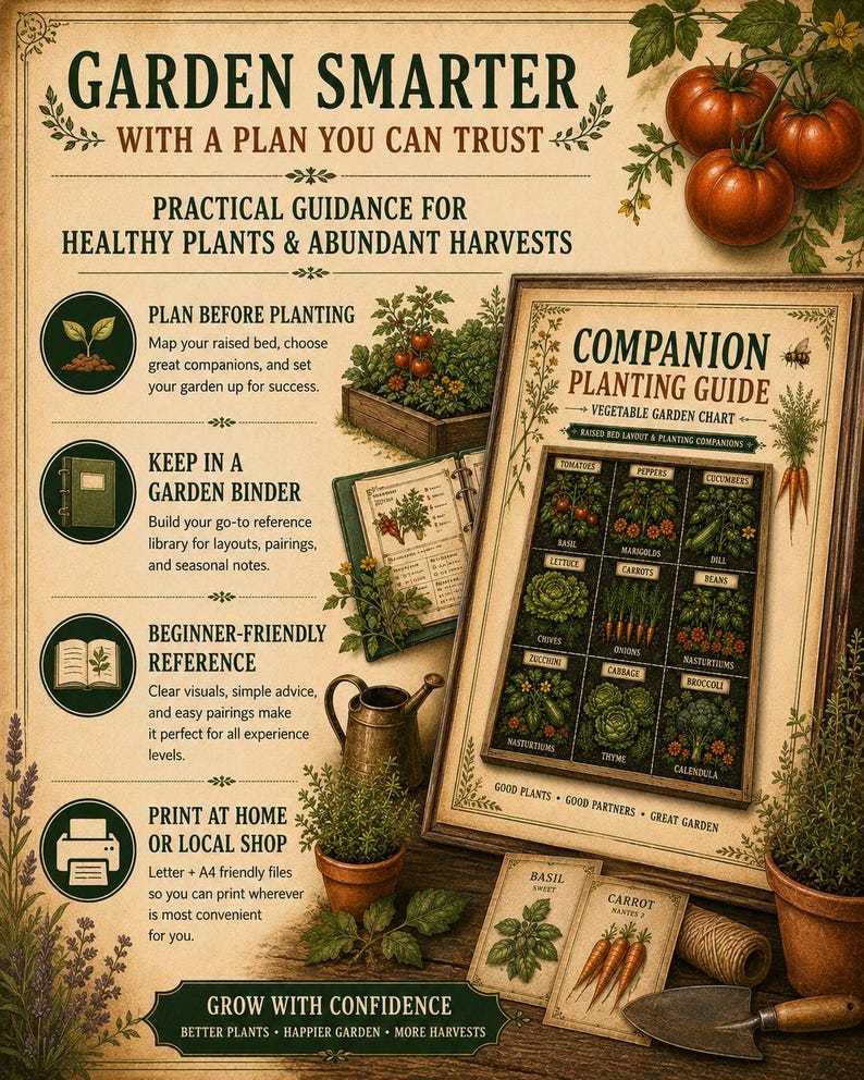 May include: A vintage-style informational poster titled GARDEN SMARTER with a COMPANION PLANTING GUIDE chart. It features illustrations of tomatoes, herbs, and vegetables, alongside text instructions for garden planning, binders, and printing.