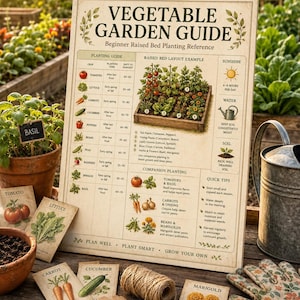 Könnte beinhalten: Ein rechteckiges Vegetable Garden Guide Schild mit Pflanztabelle, Hochbeet-Layout und Tipps zur Mischkultur. Das beige Schild enthält Illustrationen von Gemüse, ein Sonnensymbol, eine Gießkanne und den Text Plan Well, Plant Smart, Grow Your Own.